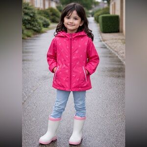 Girls Pink Waterproof Raincoat Hooded Jacket Hearts EU 116 US 5-6